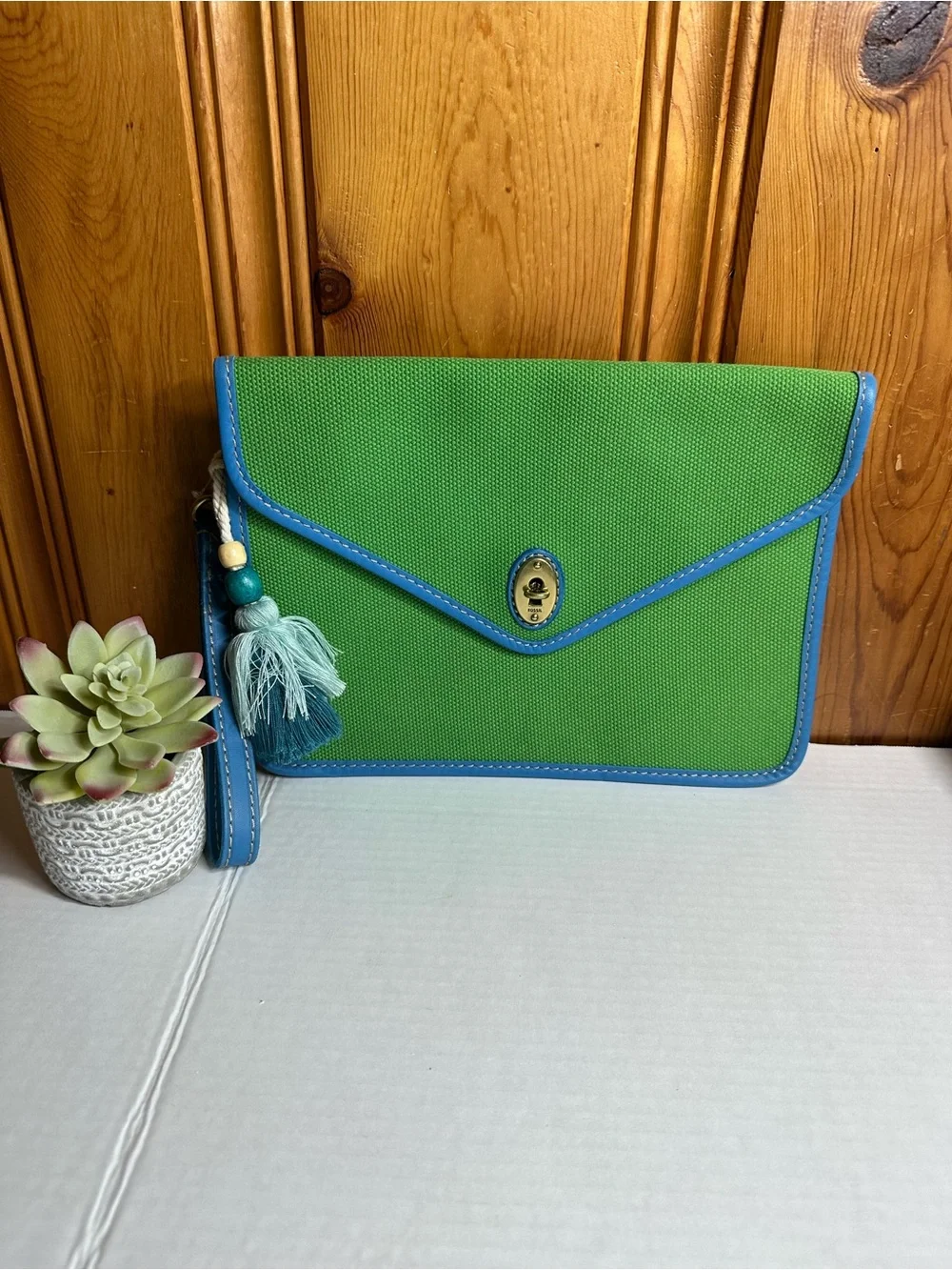 Fossil Green Canvas Wristlet Clutch with Blue Trim